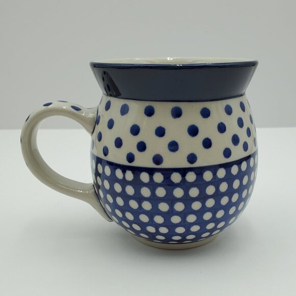Polish Pottery Dot Around Mug Unikat Blue & White Polka Dot Bubble Mug - Picture 7 of 9